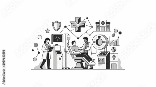 Medical professionals attending to a patient in a clinic setting surrounded by health-related symbols