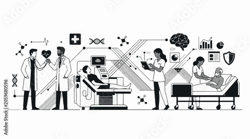 Medical professionals attending patients with healthcare symbols