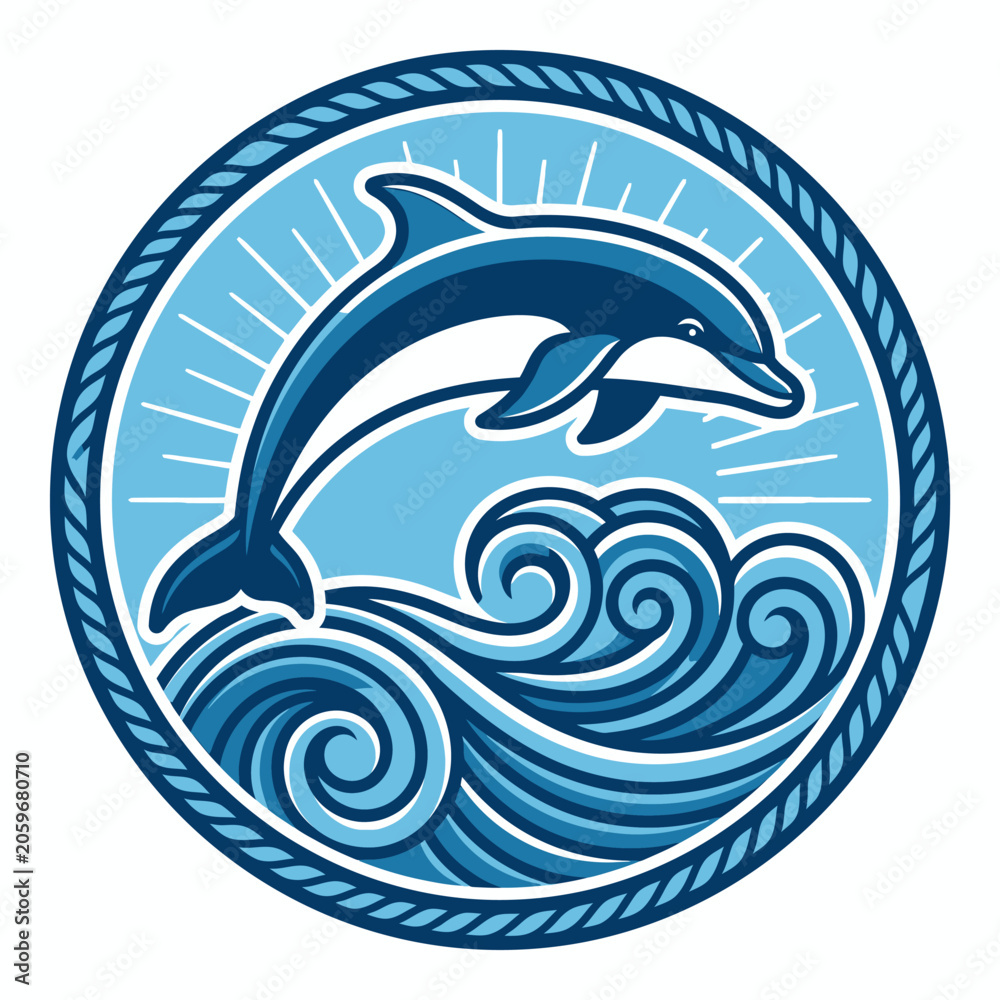 Fototapeta premium Blue dolphin leaping over stylized ocean waves in a circular nautical rope border vector illustration, featuring a sunburst background and flat graphic design aesthetic.