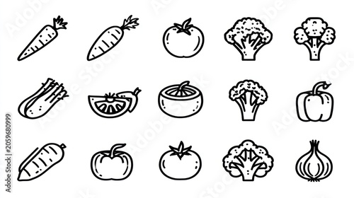 Collection of hand-drawn outline icons representing various fresh garden produce items.