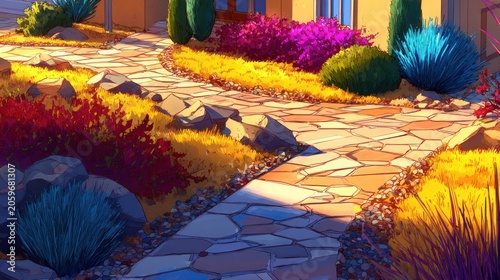 Vibrant, stylized landscaping features a winding stone pathway bordered by colorful foliage and rocks during bright daylight.