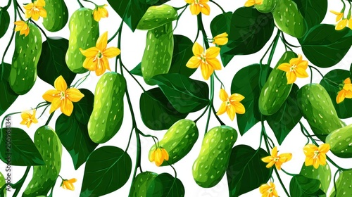 Green, bumpy fruit with bright yellow blossoms and dark leaves form a repeating garden pattern