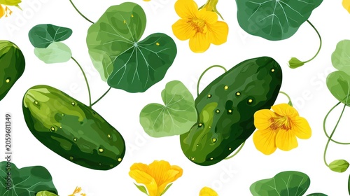 Garden vegetables and bright blossoms repeat across a clean white background