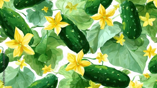 Vibrant green cucumbers and bright yellow blossoms create a detailed natural garden pattern