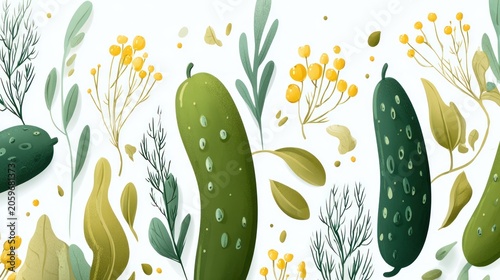 Garden fresh cucumbers and herbal elements form a repeating pattern against a light background