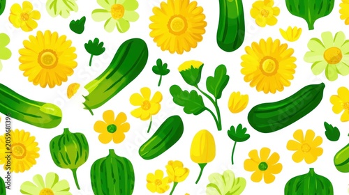 Vibrant garden produce and blossoms create a cheerful seamless pattern against a white background