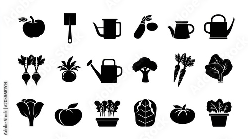 Silhouette icons representing various garden produce and essential cultivation tools arranged in a grid pattern.