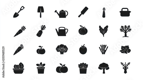 Collection of black silhouette icons representing various gardening tools, produce, and plant life