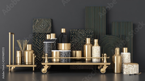 Opulent arrangement of decorative home fragrance and cosmetic containers featuring gold accents on dark surfaces