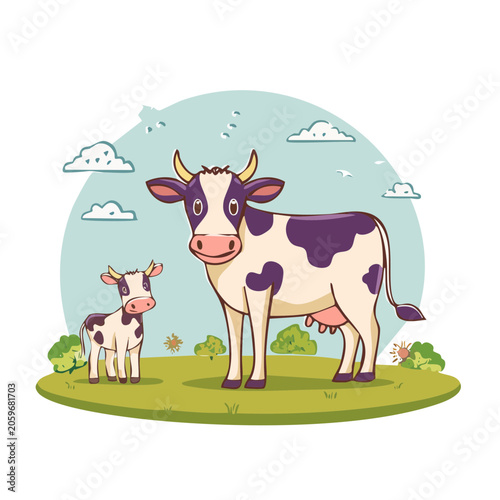 Cartoon Cow and Calf in Pasture Scene
