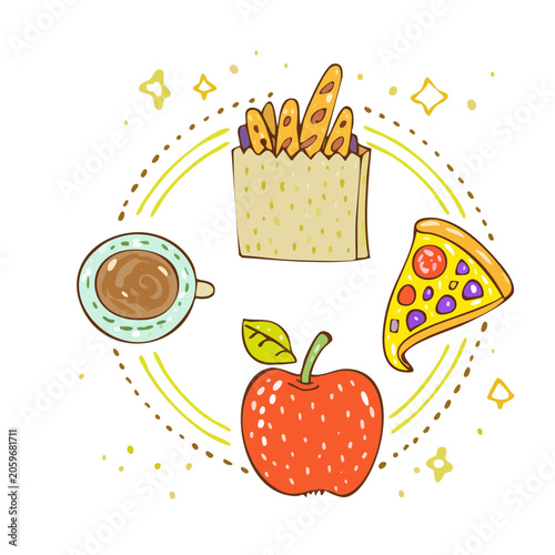 Cartoon Food Icons with Coffee, Pizza, Apple, and Fries