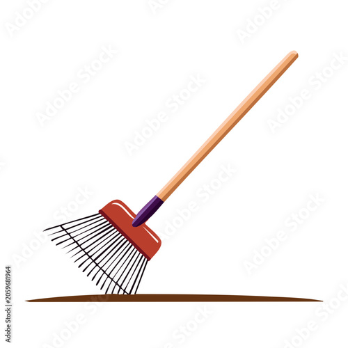 Flat design illustration of a garden rake on soil