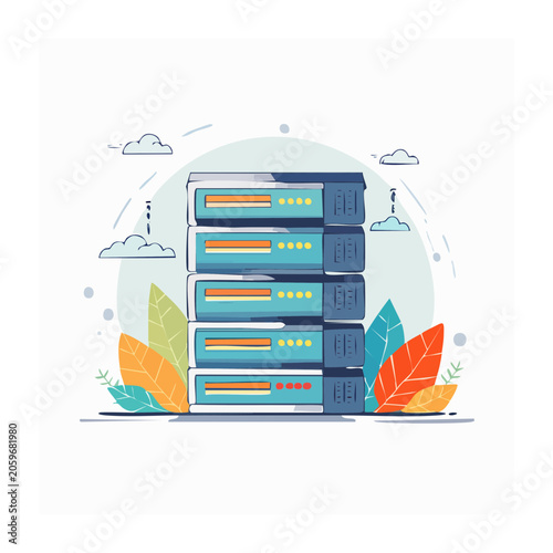 Flat design illustration of a server rack with clouds and leaves