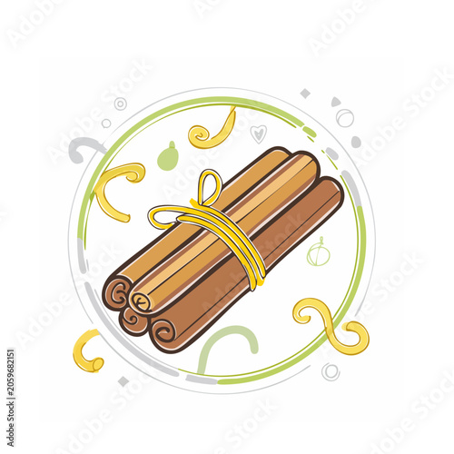 Illustration of cinnamon sticks tied with yellow ribbon