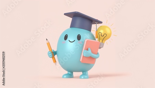 Smiling 3D Student Character with Graduation Cap, Book, Pencil, and Bright Idea Bulb.