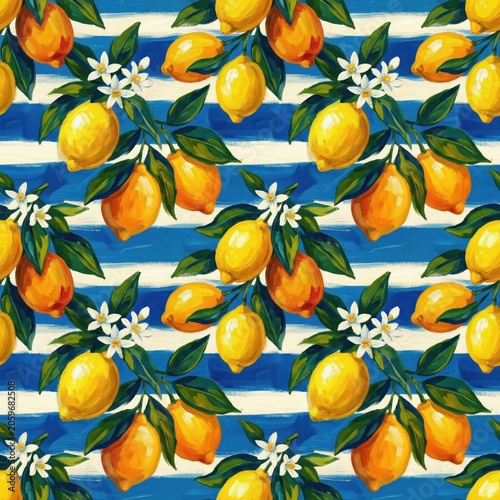 Vibrant Seamless Citrus Pattern Featuring Lemons, Leaves, and White Blossoms on a Blue and White Striped Background
