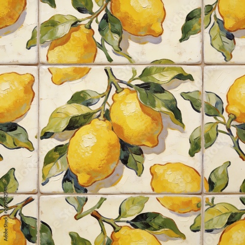 Seamless Mediterranean Style Tile Pattern with Hand-Painted Yellow Lemons and Lush Green Leaves on a Rustic Ceramic Background
