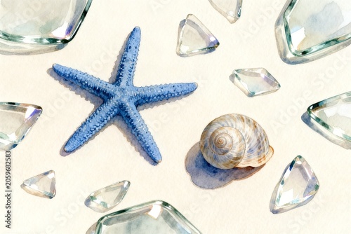 Blue Starfish and Seashell with Glass Gems