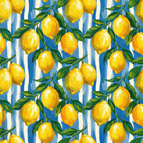 Vibrant Mediterranean Lemon Seamless Pattern with Citrus Fruits and Green Leaves on Blue and White Striped Background - Painterly Artistic Textile Design for Summer Decor
