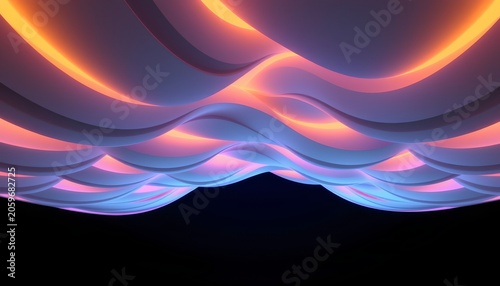 The image features a dynamic and colorful abstract scene with flowing, wave like shapes that seem to undulate across the frame