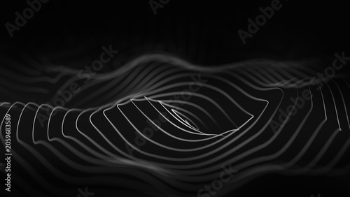 Abstract monochrome contour wave on black background, white flowing lines form futuristic digital topography with depth of field. Minimal technology, data, soundwave and science concept.