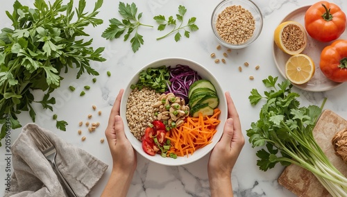 Hands Holding Vibrant Buddha Bowl with Fresh Grains, Vegetables, and Legumes on White Marble.
