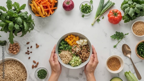 Vibrant Vegan Buddha Bowl Held by Hands, Surrounded by Fresh Ingredients on White Marble Flat Lay.