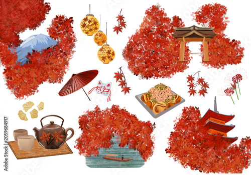 Fotografija Japanese autumn element set, traditional fall culture icons with red momiji mapl