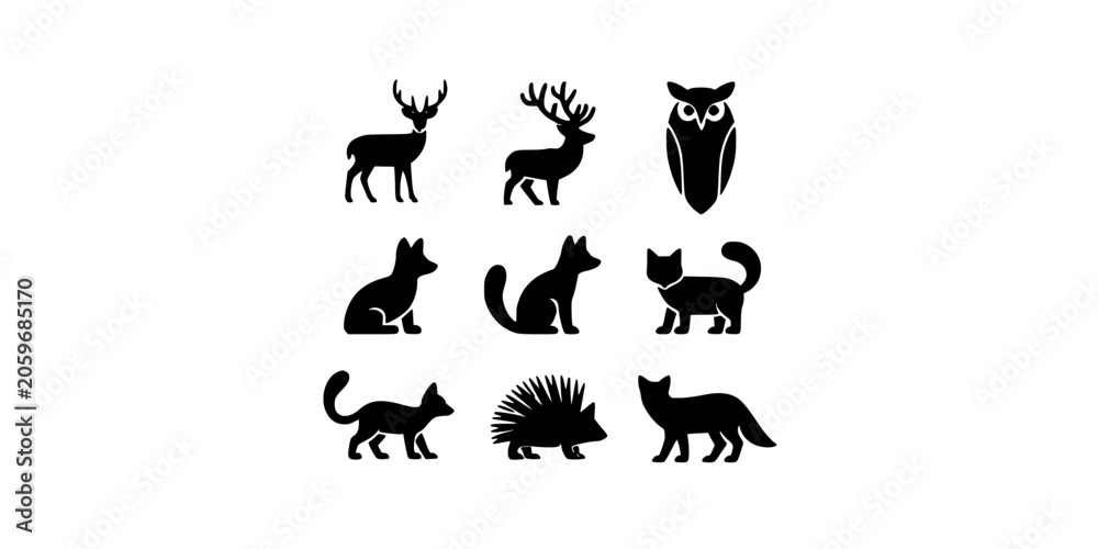 Fototapeta premium Animals in Black Silhouette Style with Various Poses and Species Featuring Silhouettes, Wildlife, Nature with Deer and Cat Elements for Fox