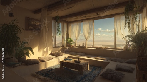 Sunlit interior space features natural textures and expansive desert vista through large windows