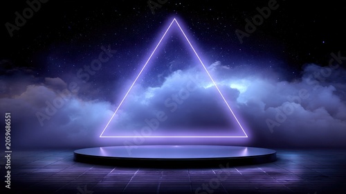 Glowing geometric shape hovers above a circular stage set against a cloudy night sky