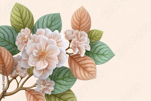 Delicate Pastel Flowers With Textured Leaves In An Elegant Floral Branch Illustration Isolated On Beige