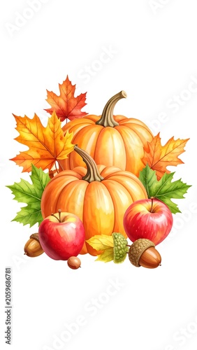 Illustration of autumnal pumpkins, apples, leaves, and acorns