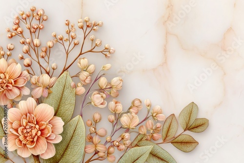 Delicate Peach And Cream Floral Arrangement On A Light Beige Marble Surface With Soft Natural Lighting