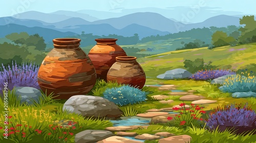 Three rustic earthenware containers sit near a winding stone path in a lush green countryside setting