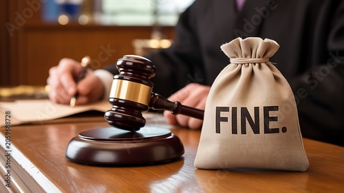 Legal fine penalty concept with judge gavel and money bag on desk