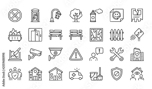 Billede på lærred 27 Vandalism Awareness and Public Safety Outline Icon Set Vector EPS 10