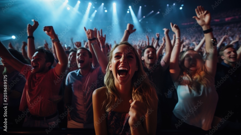 Obraz premium Happy people dancing in front of the stage, music festival.