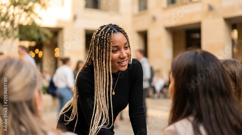 Smiling woman with braids talking friends.