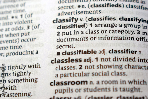 Fotografie Close Up Of English Explanation Dictionary Page Word Of - classify