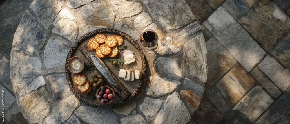 Obraz premium Appetizer platter with cracker, fish, olive, grape, and wine glass on stone table. Gourmet rustic snack for outdoor party. Elegant dining setting for celebration and social gathering.