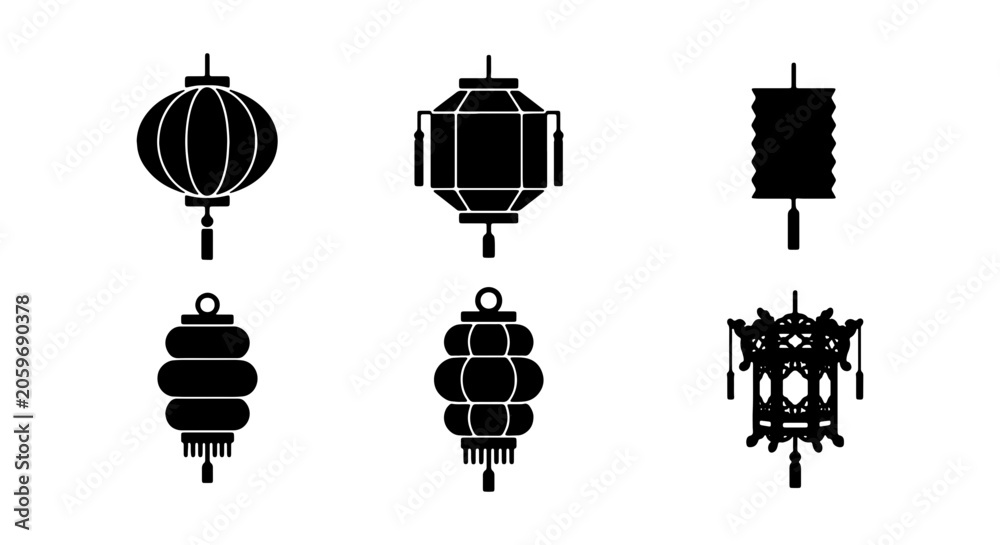 Naklejka premium Chinese Lantern Icons, Festive Asian Decorations, Traditional Oriental Lighting Elements, Vector Set