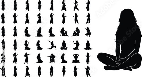 Female silhouette poses showing various standing, sitting, and dancing positions, symbolizing movement, expression, creativity, and artistic human figure design
