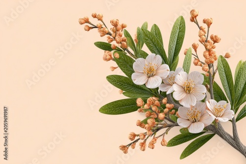 Delicate White Cherry Blossom Branch With Green Leaves Against A Soft Beige Studio Background