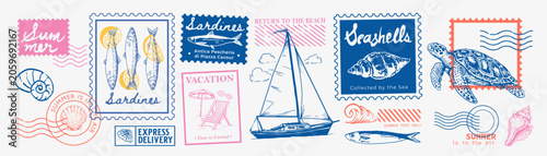 Vintage summer postage stamp collection with nautical and coastal elements including sailboat, sardines, seashell and sea turtle in retro engraved style.