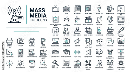 Mass media line icons set, communication and journalism symbols, broadcast and digital news elements