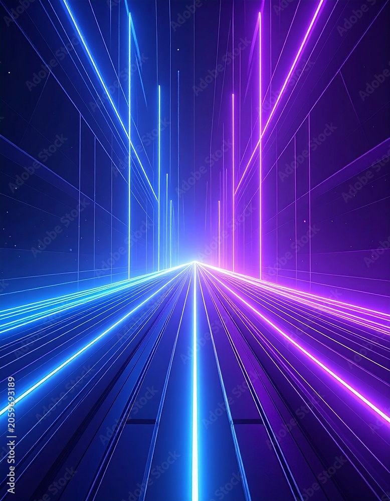 Naklejka premium Digital tunnel of light beams with vibrant blue and purple colors
