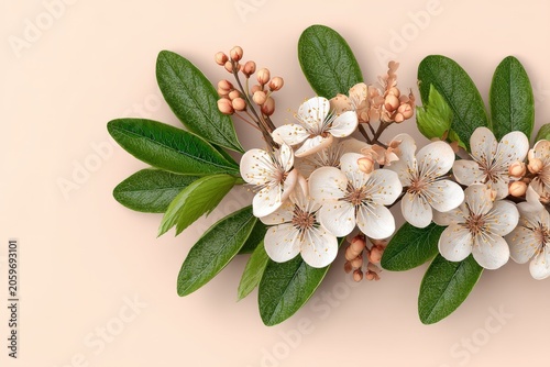 Delicate White Cherry Blossoms With Vibrant Green Leaves On A Soft Beige Background For Spring