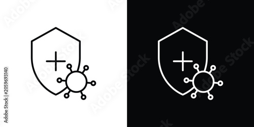 Shield virus icon symbol. Vector outline drawing.