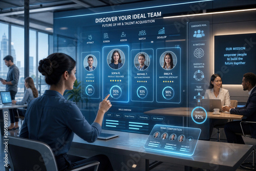 Discover your ideal team futuristic HR talent acquisition dashboard with candidate profiles hiring analytics diversity skills match and team composition in modern tech office recruitment visualization